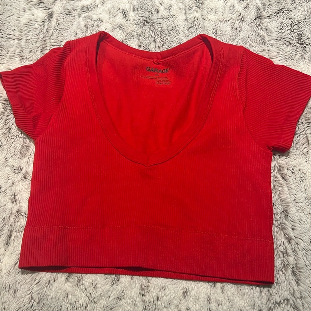 Garage Red V-Neck Tight Fitter Crop Top